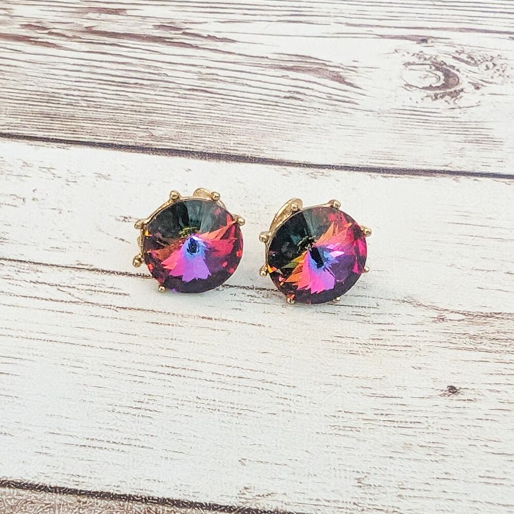 Vintage Clip On Earrings - Rainbow Tone Gem 0.5" - Clip Repair Needed